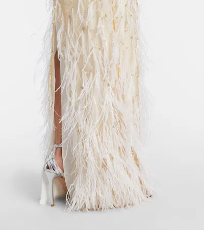 Clio Peppiatt Mia Embellished Feather-trimmed Tulle Gown In Neutral