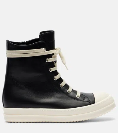 Rick Owens High-top Black Leather Sneakers With Side Zip And Rubber Sole In Black