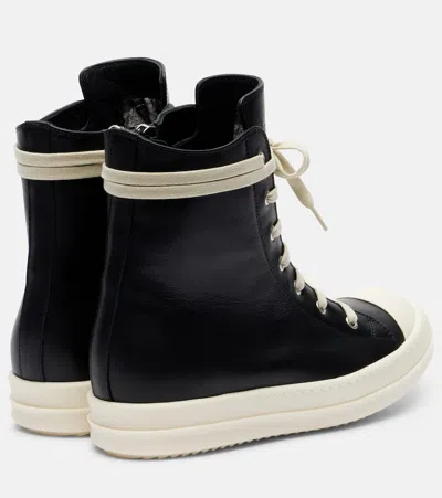 Rick Owens High-top Black Leather Sneakers With Side Zip And Rubber Sole In Black