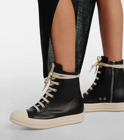 Rick Owens High-top Black Leather Sneakers With Side Zip And Rubber Sole In Black