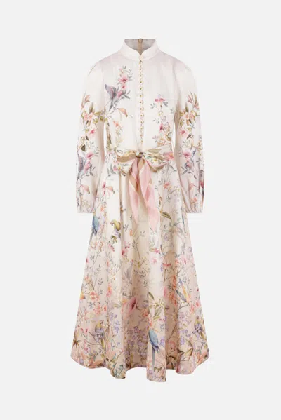 Zimmermann Rebellion Multicolor Midi Dress With Bow Detail On The Front And All-over Floral Print In Linen Woma