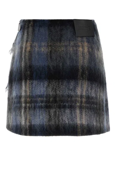 Loewe Blue Checked Mini Skirt In Mohair And Wool Blend Women In Multi
