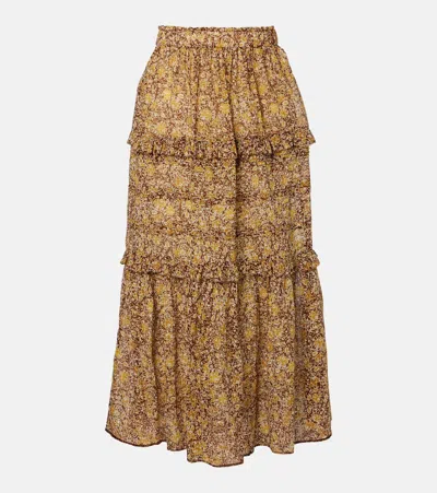 Isabel Marant Étoile Volomia Floral-print Tiered Cotton Midi Skirt In Brown