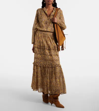 Isabel Marant Étoile Volomia Floral-print Tiered Cotton Midi Skirt In Brown