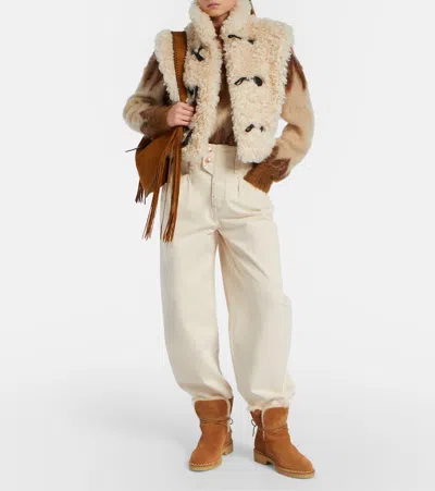 Aquazzura Megeve Lace-detailed Suede Shearling-lined Ankle Boots In Brown