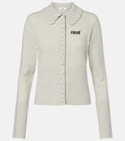 Chloé Wool Cardigan Logo Long Sleeves Scalloped Collar In Neutral