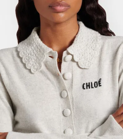 Chloé Wool Cardigan Logo Long Sleeves Scalloped Collar In Neutral