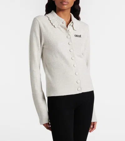 Chloé Wool Cardigan Logo Long Sleeves Scalloped Collar In Neutral