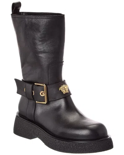 Versace Leather Biker Boot In Black