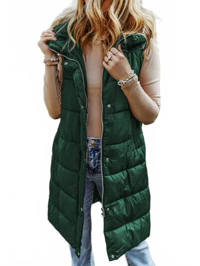 Pretty Bash Gloria Zip Up Quilted Long Vest Coat In Green In Green