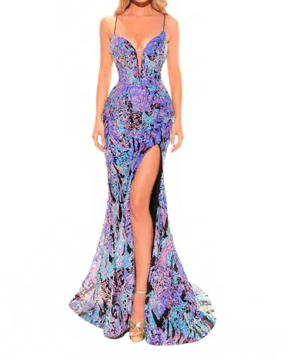 Amarra Plunging Sweetheart Gown In Black Multi In Purple