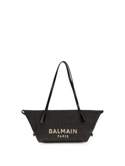 Balmain Women Calfskin And Raffia Track Shoulder Bag In Black