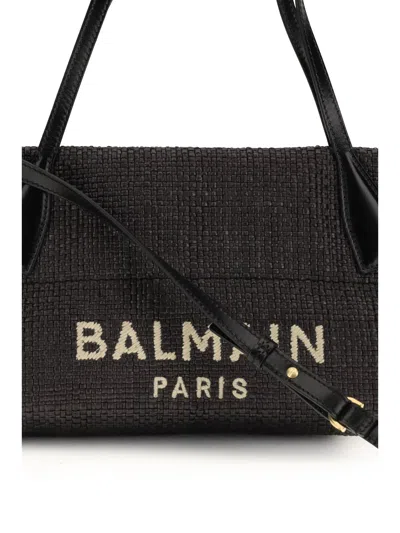 Balmain Women Calfskin And Raffia Track Shoulder Bag In Black