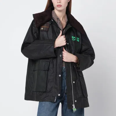 Barbour Dark Brown Jacket With All-over Stripe Motif And Logo Patch On The Front In Waxed Cotton Woman