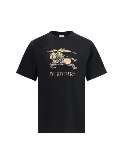 Burberry Men Black Crewneck T-shirt With Ekd And Logo Lettering Embroidery On The Front In Cotton Ma