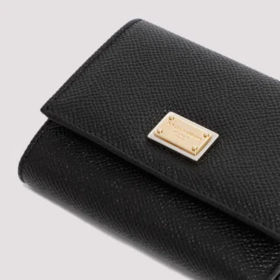 Dolce & Gabbana Black Dauphine Leather Wallet With Logo Plaque In Black