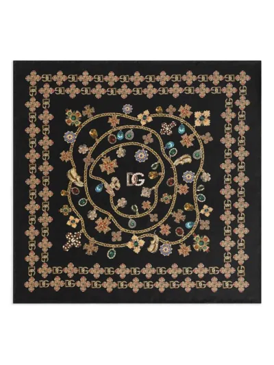 Dolce & Gabbana Floral Crystal Foulard Silk Scarf In Brown