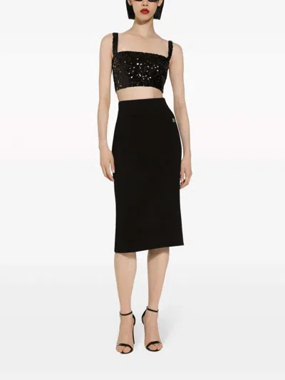 Dolce & Gabbana Cropped Sequin Top Square Neck Straps In Black