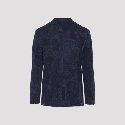 Etro Men Single-breasted Jacquard Cotton Jacket With Floral Pattern In Blue