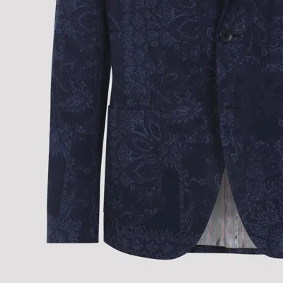 Etro Men Single-breasted Jacquard Cotton Jacket With Floral Pattern In Blue