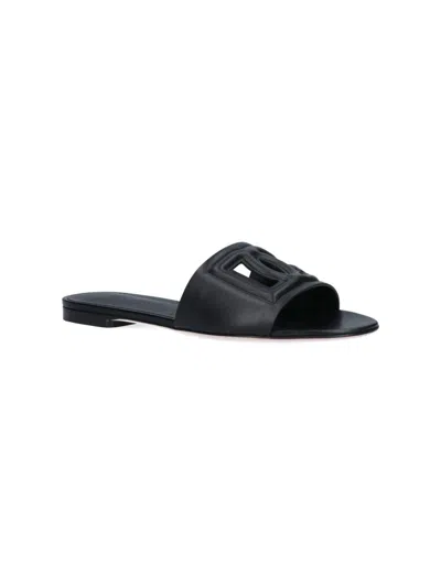 Dolce & Gabbana Women Dg Logo Leather Sandals In Black