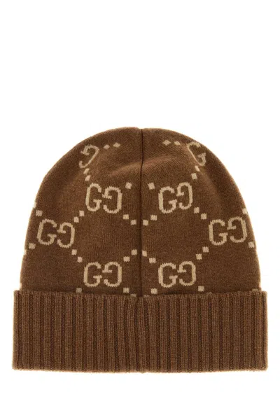 Gucci Women Embroidered Cashmere Beanie Hat In Brown