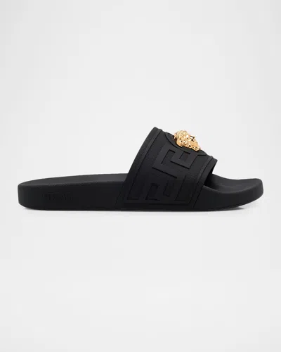 Versace Black Sandals With Medusa Plaque On The Front In Tech Fabric Man
