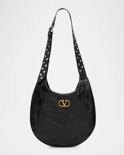 Valentino Garavani Medium Hoboho Bag In Chevron-pattern Nappa In Black