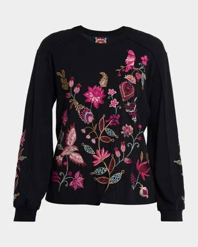 Johnny Was Floral-embroidered Cotton T-shirt In Black