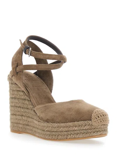 Brunello Cucinelli 80mm Monili Suede Espadrille Wedge Sandals In Brown