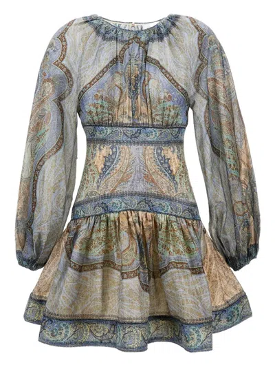 Zimmermann Wanderlust Multicolor Crewneck Mini Dress With Puffed Long Sleeves And All-over Print In Cotton And  In Blue