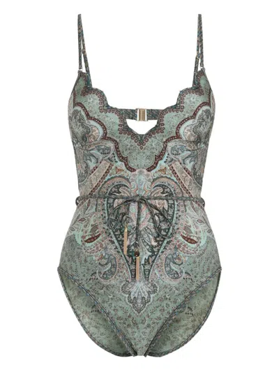 Zimmermann Wanderlust Belted Embellished Scalloped Printed Swimsuit In Green