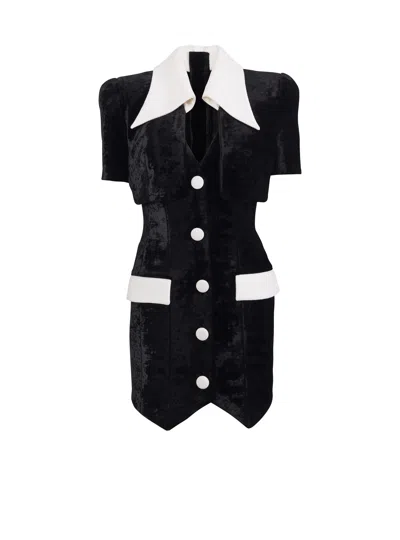 Balmain Short Structured Dress In Velvet And Crepe In Multi