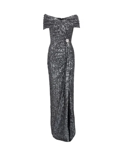 Balmain Long Draped Off-shoulders Sequin Dress In Polyester Woman In Silver  | ModeSens