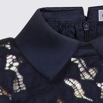 Self-portrait Guipure Blue Long Dress With Lace Design And Adjustable Waist Belt In Fabric Woman In Blue