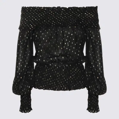 Self-portrait Shirred Metallic-effect Off-shoulder Top In Black