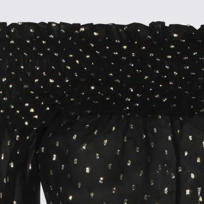 Self-portrait Shirred Metallic-effect Off-shoulder Top In Black