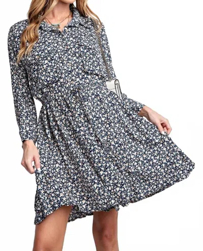 Easel Floral Printed Wool Dobby Button Down Shirt Dress In Blueberry In Blue