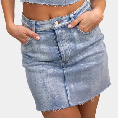 Hoity Toity Metallic Mini Skirt In Light Denim In Blue