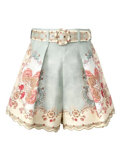 Zimmermann Daylight Multicolor Shorts With Belt On The Front And All-over Floral Motif In Linen Woman In Blue