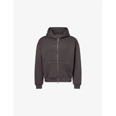 The Couture Club Mens Charcoal Script Faux-leather-panel Stretch-cotton-blend Hoodie Xxl In Brown