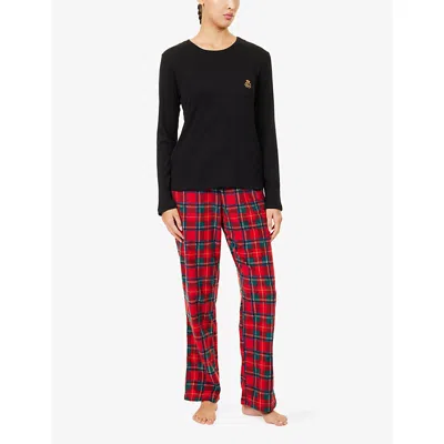 Ralph Lauren Womens Red Plaid Crew Plaid Long-sleeve Fleece Pyjama Set Xs In Black