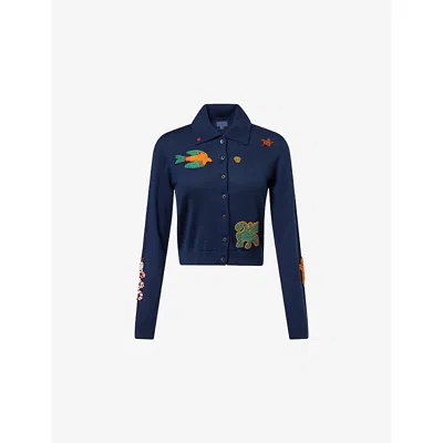 Mother Womens Real Charmer The Racquet Beaded Wool Cardigan In Blue