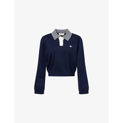 The Couture Club Womens Navy Striped-collar Embroidered-logo Polo Top In Blue
