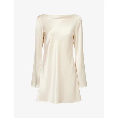 Reformation Womens Almond Pike Bell-sleeve Satin Mini Dress Xs In Neutral