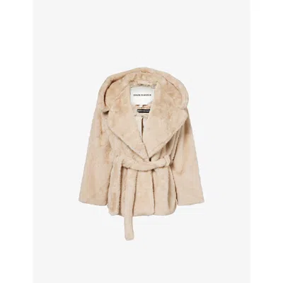 The Couture Club Womens Beige Hooded Peak-lapel Faux-fur Coat Xs In Neutral