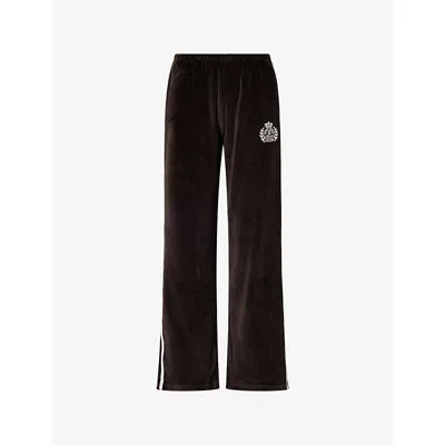 Sporty And Rich Womens Chocolate Farm Embroidered-logo Cotton-velour Jogging Bottoms In Brown