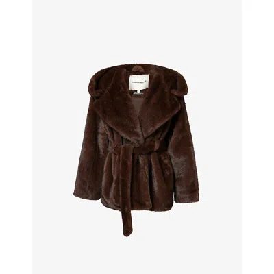 The Couture Club Womens Chocolate Hooded Peak-lapel Faux-fur Coat In Brown