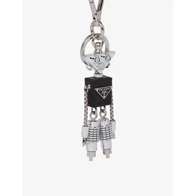 Prada Womens Gold/silver Robot Saffiano Leather Keychain Charm In Black