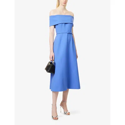 Carolina Herrera Womens Bluebell Bardot Off-shoulder Wool-blend Midi Dress In Blue